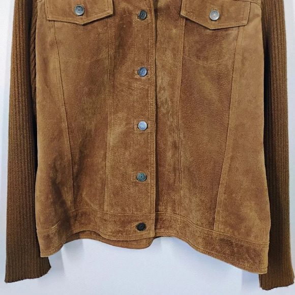 Relativity Brown Suede Leather Trucker Jacket Ribbed Knit Sleeves Size Large - Picture 2 of 11